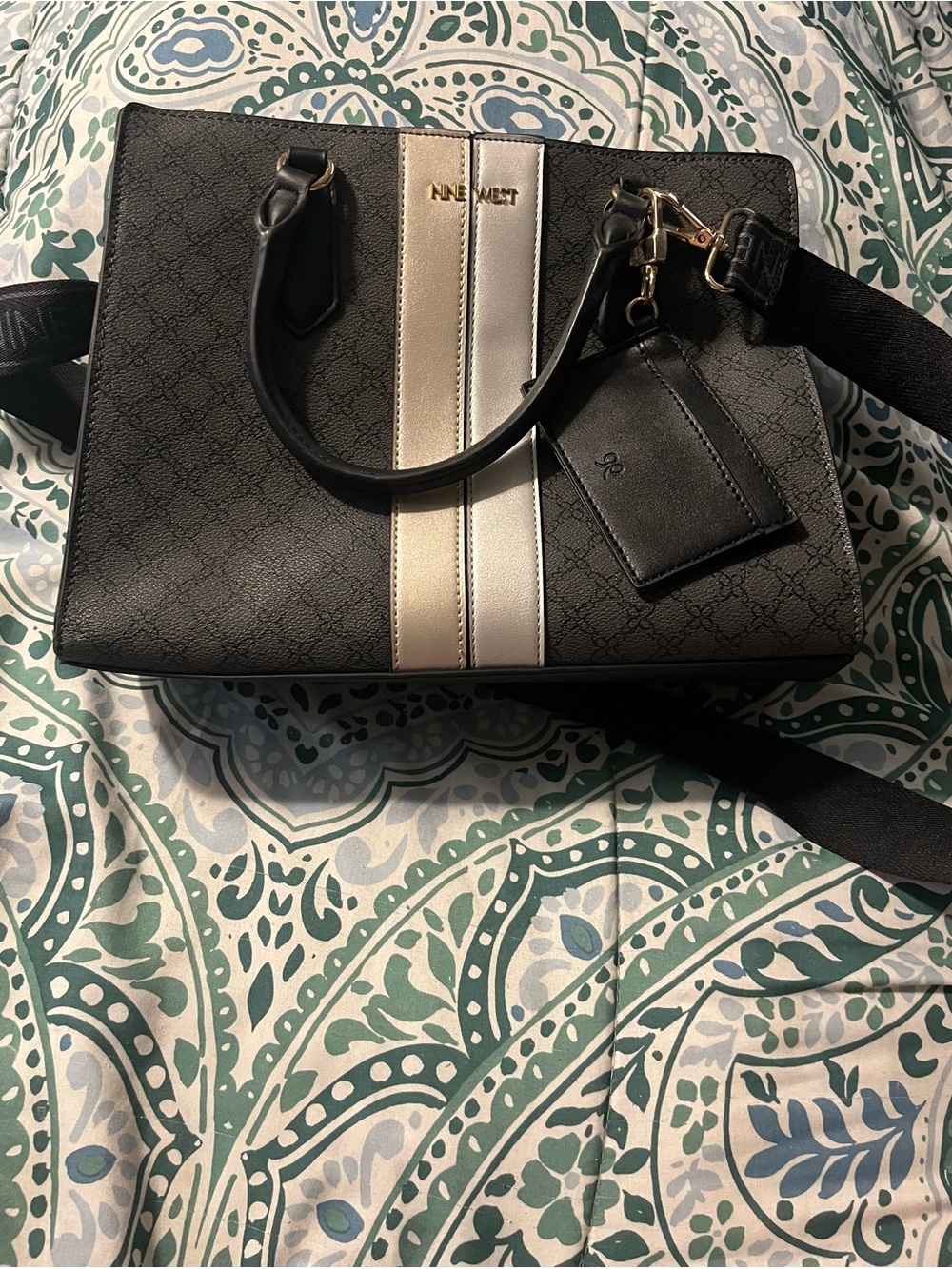 Nine West Black Satchel with White Center Stripe